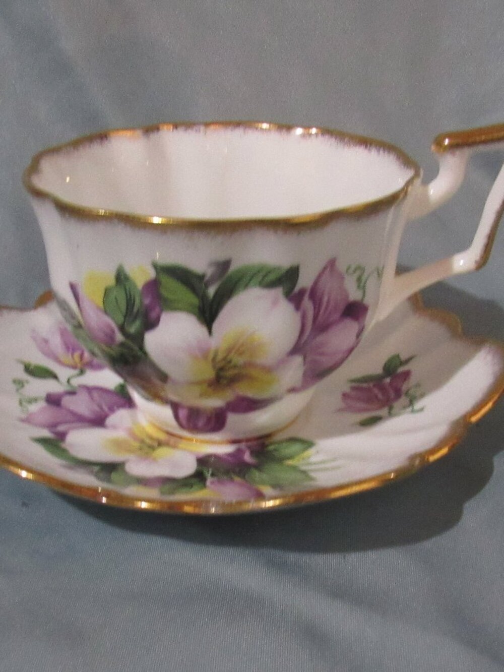 Vintage Salisbury Bone China Teacup and Saucer, Vibrant Clematis, Gold Gilt X335